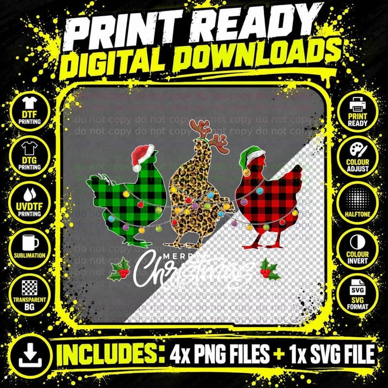 Chicken Merry Christmas Red Green Plaid Leopard Pajama Png SVG Digital Bundle