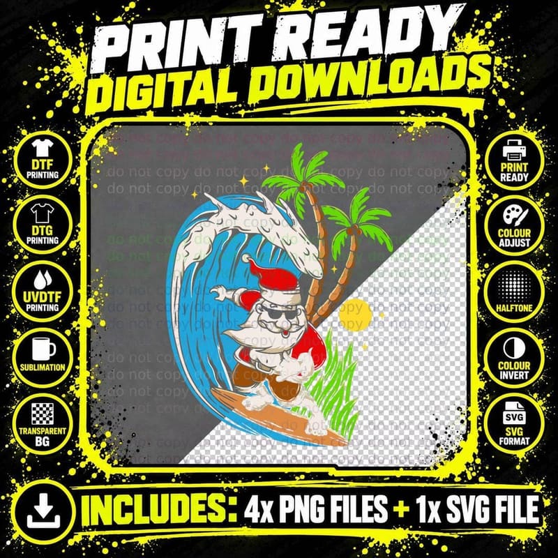 Christmas in July Summer Santa Claus Beach Hawaii Surf Png SVG Digital Bundle