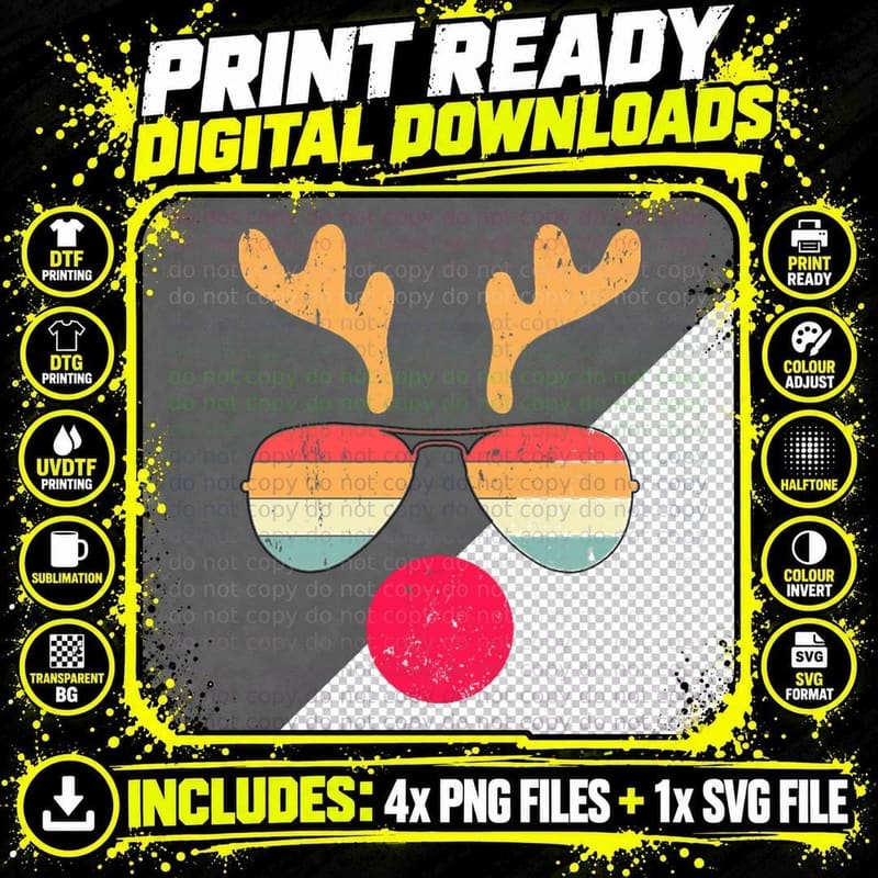 Cool Reindeer Face with Retro Sunglasses Funny Christmas Png SVG Digital Bundle