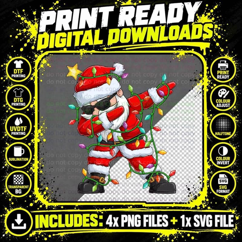 Dabbing Santa Christmas Lights Xmas Pajamas T-Shirt Png SVG Digital Bundle