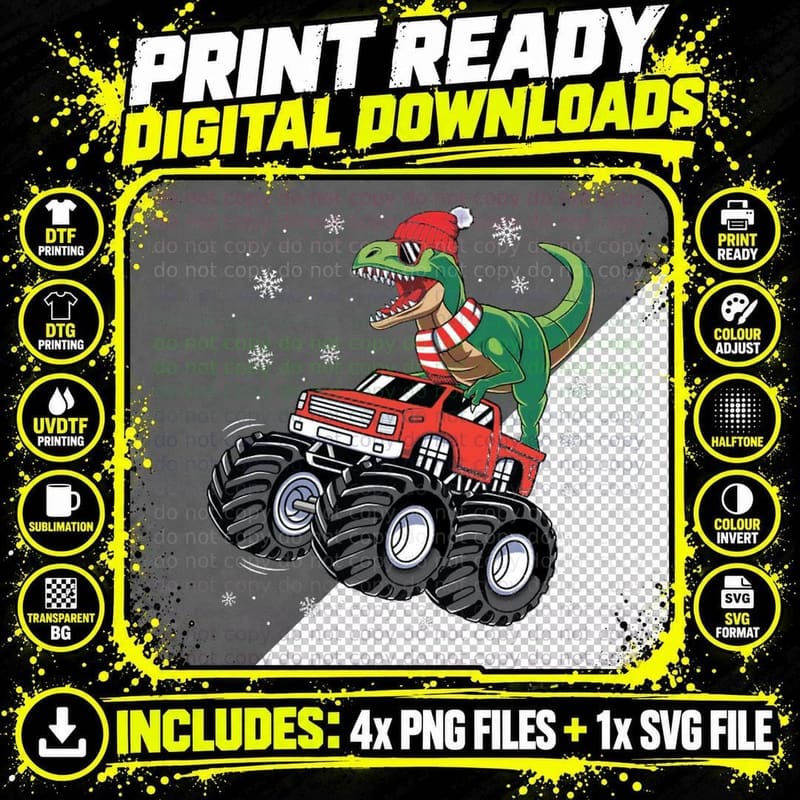 Dinosaur T Rex Riding Monster Truck Funny Christmas Xmas Png SVG Digital Bundle