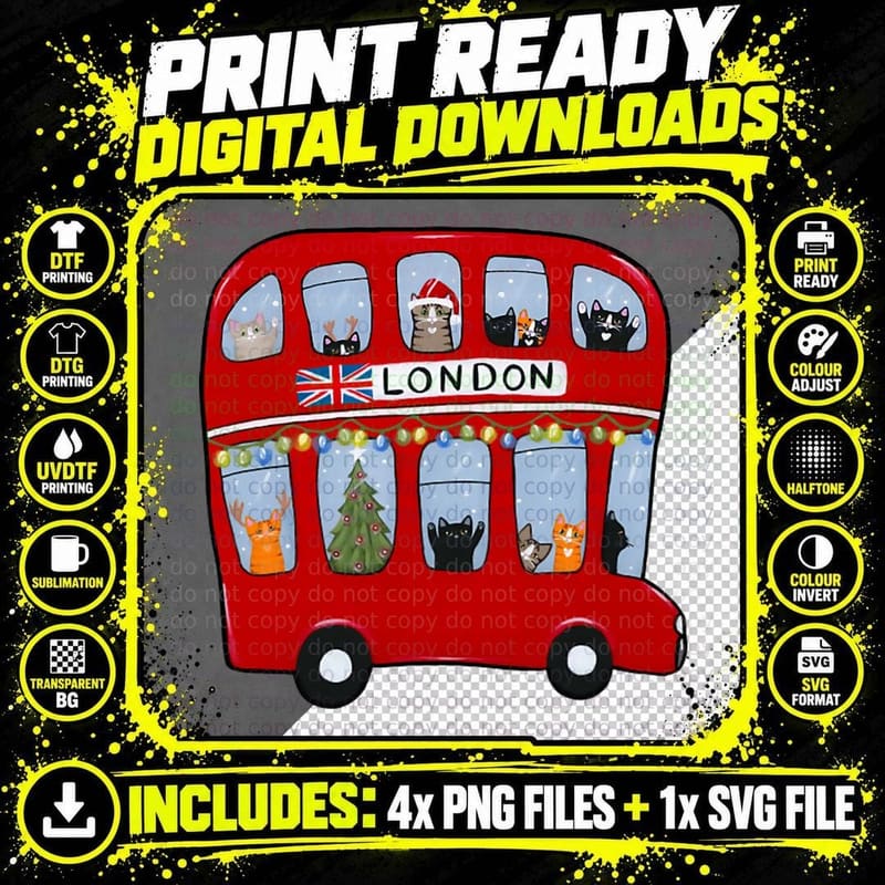 Double Decker Bus Christmas Cats T-Shirt Png SVG Digital Bundle