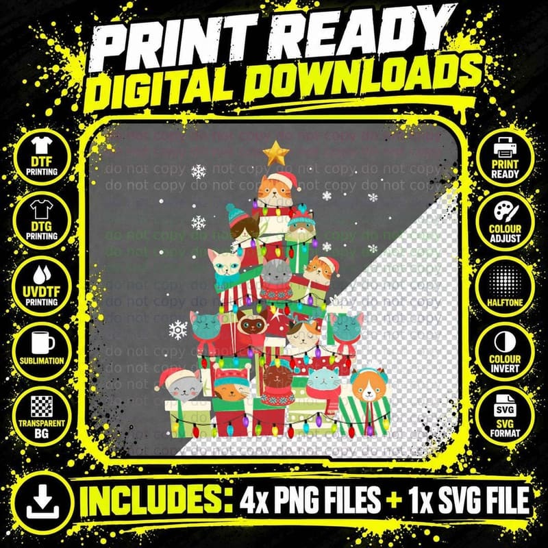 Funny Cat Christmas Tree Box Meowy Catmas Boxmas T Png SVG Digital Bundle