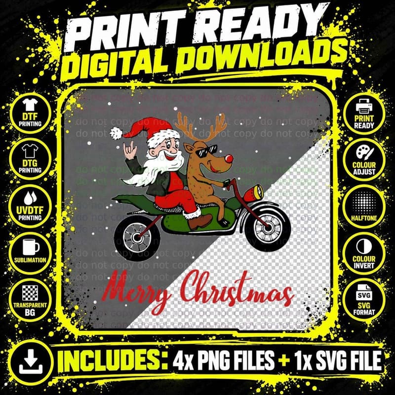 Funny Santa & Reindeer Motorcycle Biker Christmas T-Shirt Png SVG Digital Bundle