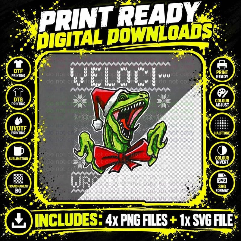 Funny Velociraptor Dinosaur Themed Ugly Christmas Png SVG Digital Bundle