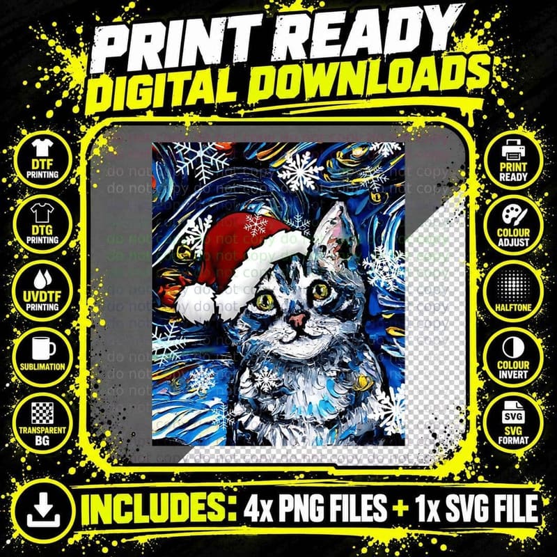 Gray Tabby Kitten Santa Crewneck Sweatshirt Png SVG Digital Bundle