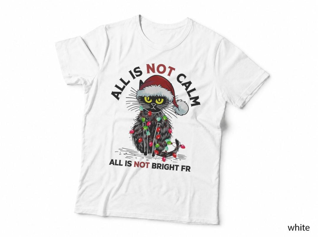 Grumpy Black Cat Not Christmas Lights Santa Hat Meme T-Shirt