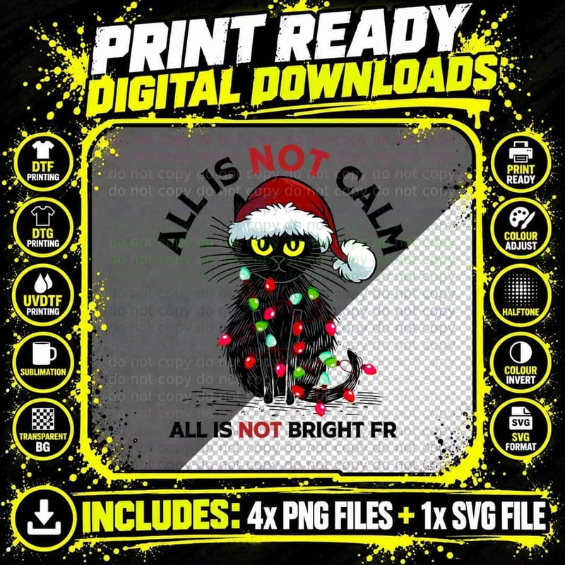 Grumpy Black Cat Not Christmas Lights Santa Hat Meme Png SVG Digital Bundle