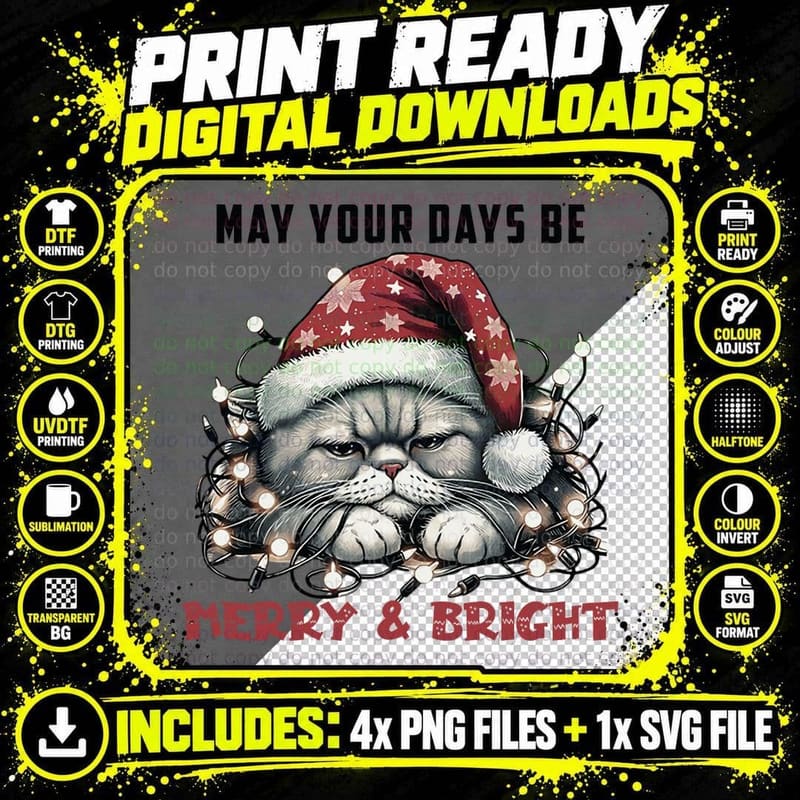 Grumpy Christmas Cat Wrapped in Lights Funny Holiday Png SVG Digital Bundle