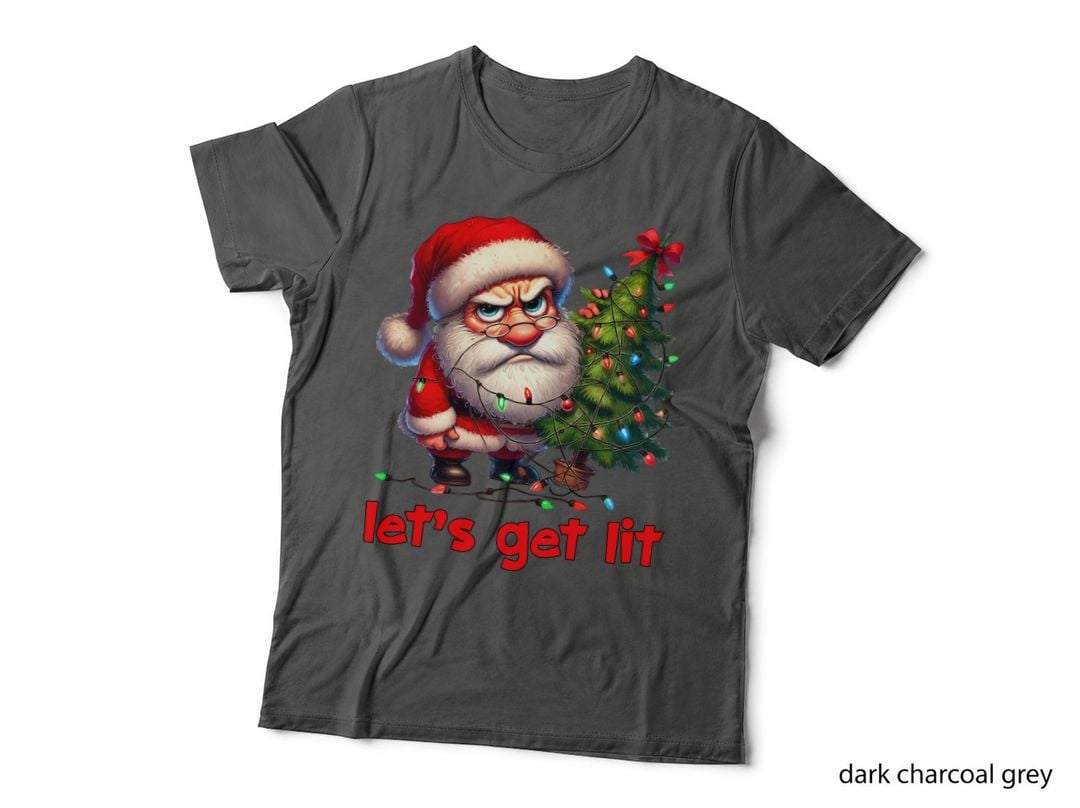 Grumpy Santa Tangled Lights Let's Get Lit Funny Christmas Gift T-Shirt