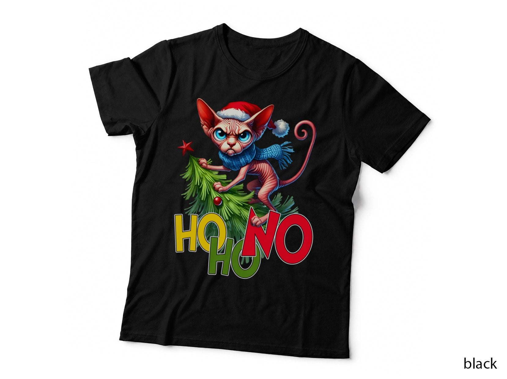 HO NO HO Sphynx Cat with Santa Hat and Christmas Tree T-Shirt