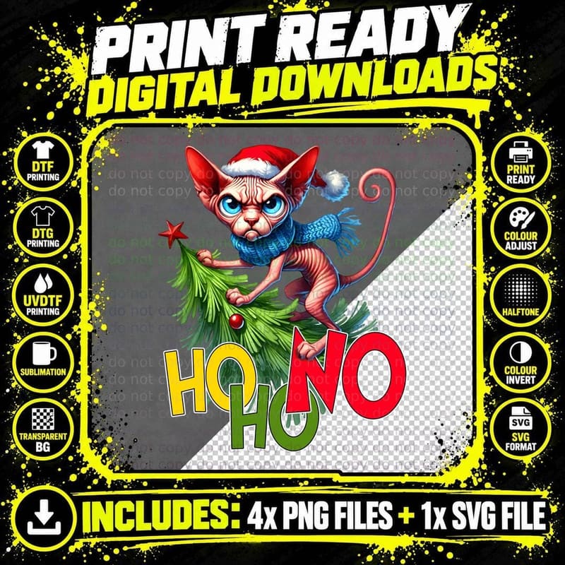 HO NO HO Sphynx Cat with Santa Hat and Christmas Tree Png SVG Digital Bundle