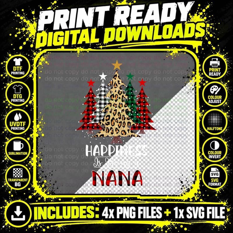 Happiness Is Being a Nana Christmas Tree Leopard Plaid Png SVG Digital Bundle