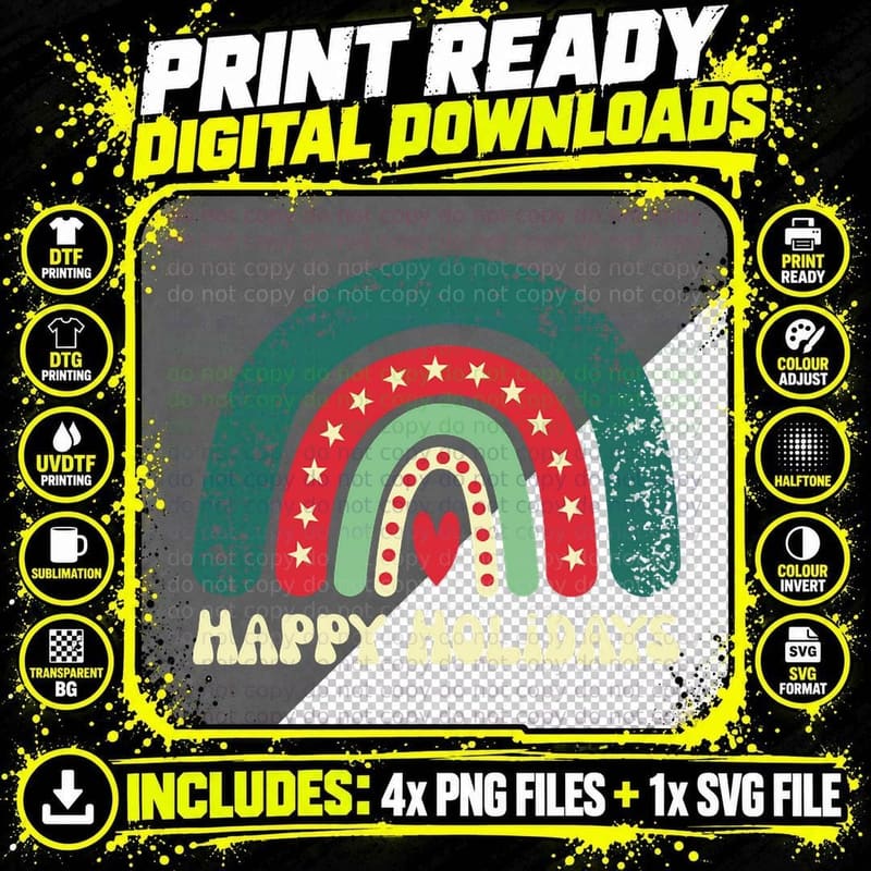 Happy Holidays Christmas Rainbow T-Shirt Png SVG Digital Bundle