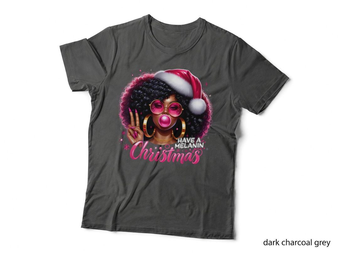 Have a Melanin Christmas Afro Girl Santa Hat Pink Bubblegum Holiday T-Shirt