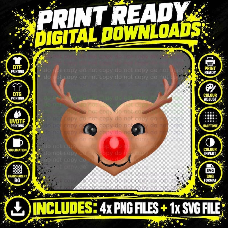 Heart Shaped Rudolph Reindeer for Christmas Crewneck Png SVG Digital Bundle