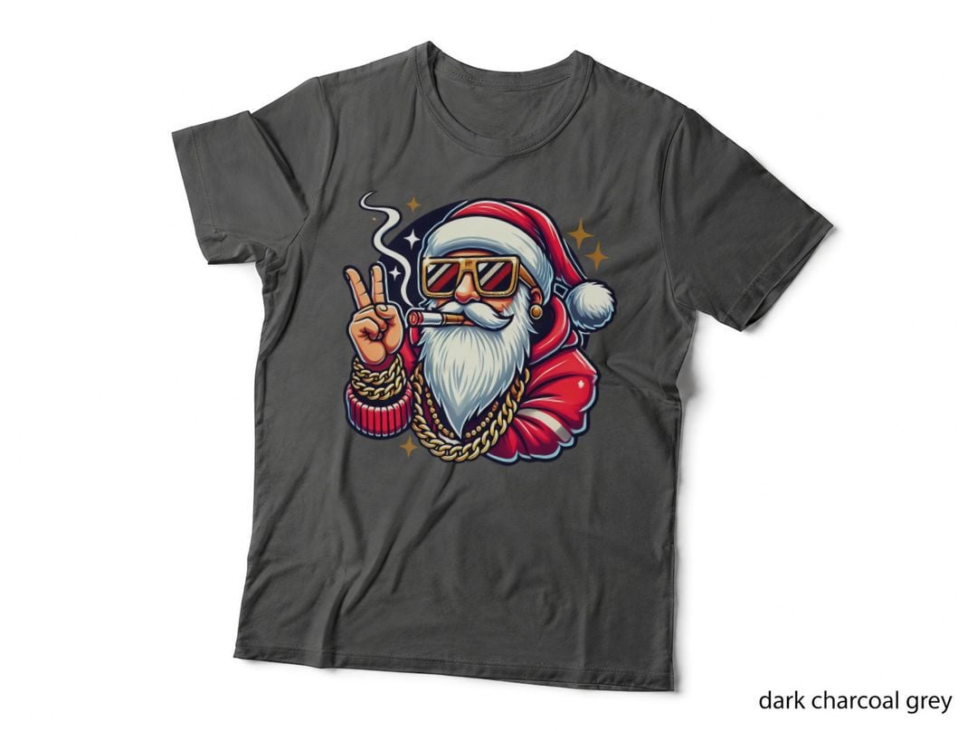 Hip Hop Gangsta Santa Claus Gold Chain Cigar Peace Sign Christmas T-Shirt