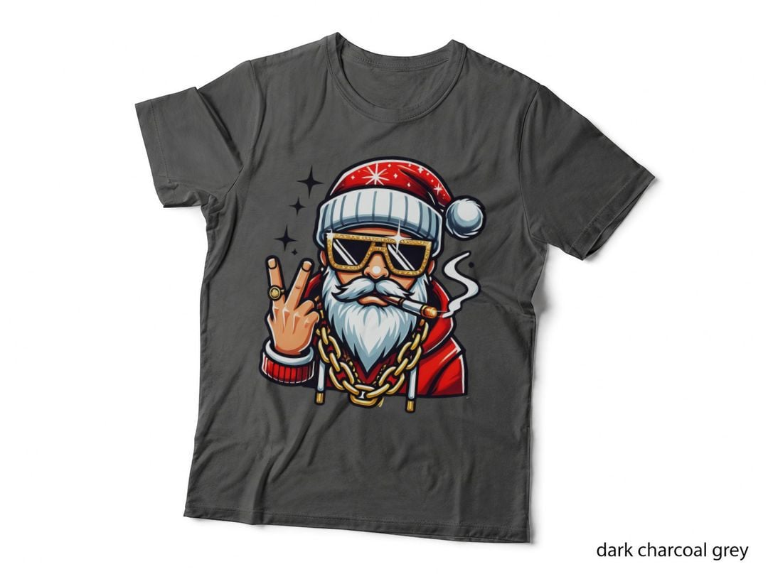 Hip Hop Gangsta Santa Claus Gold Chain Cigarette Peace Sign T-Shirt