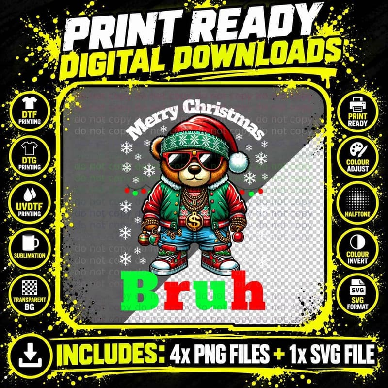 Hip Hop Merry Christmas Bruh Gangsta Teddy Bear X-Mas Png SVG Digital Bundle