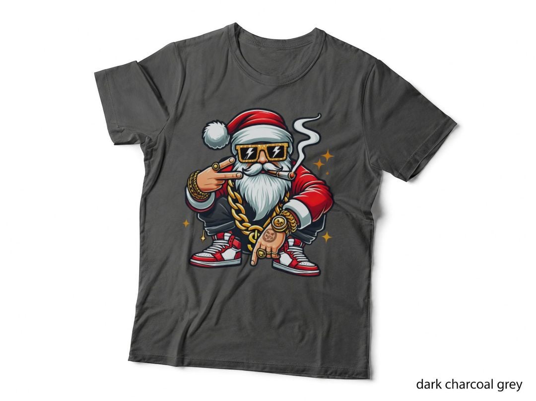 Hip Hop Squat Gangsta Santa Claus Gold Chain Cigar Peace Sign T-Shirt
