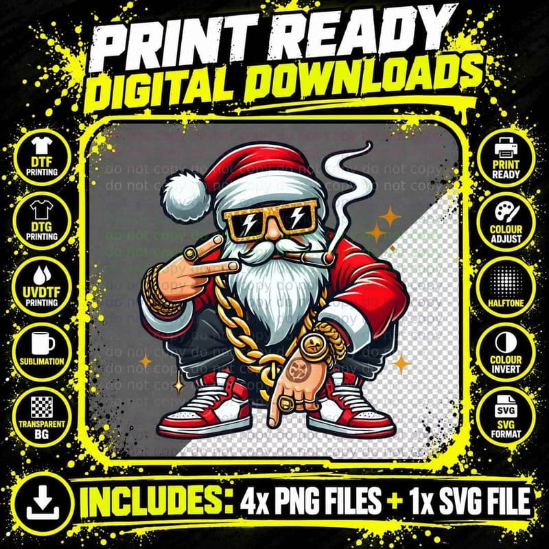 Hip Hop Squat Gangsta Santa Claus Gold Chain Cigar Peace Png SVG Digital Bundle