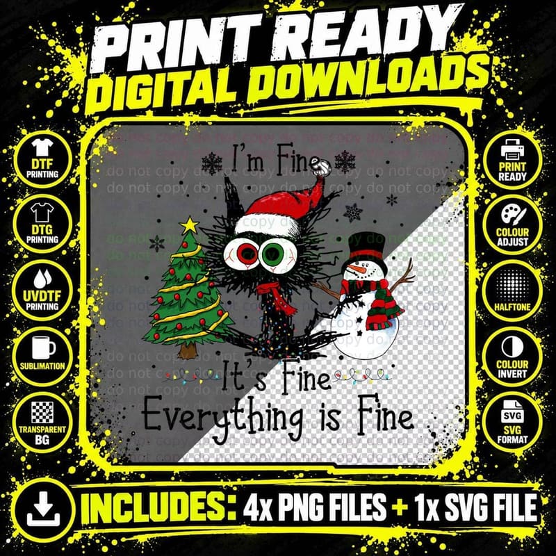 Holiday Chaos Cat, It's Fine I'm Fine Funny Christmas Png SVG Digital Bundle