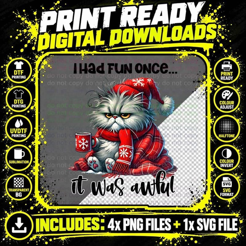 I Had Fun Once... It Was Awful Grumpy Cat with Mug Funny Png SVG Digital Bundle