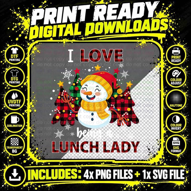 I Love Being a Lunch Lady Christmas Snowman Red Plaid Png SVG Digital Bundle