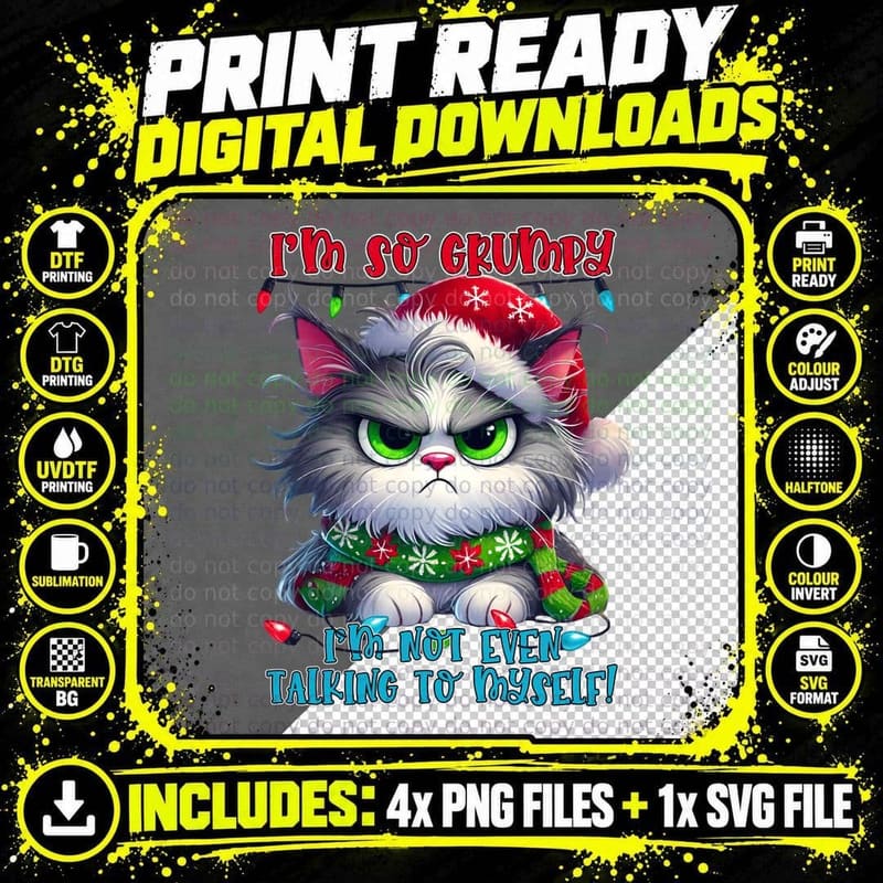 I'm So Grumpy Cat in Santa Hat Funny Christmas Holiday Png SVG Digital Bundle
