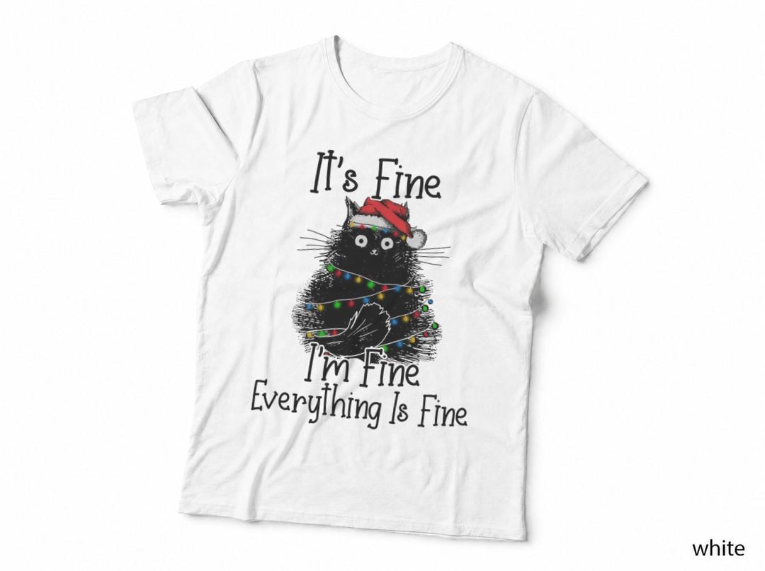 It's Fine I'm Fine Everything Is Fine Funny Black Cat Christmas Lights T-Shirt