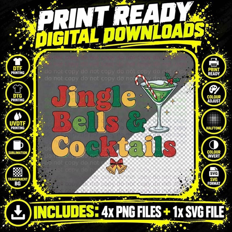 Jingle Bells & Cocktails Funny Drinking Christmas Png SVG Digital Bundle