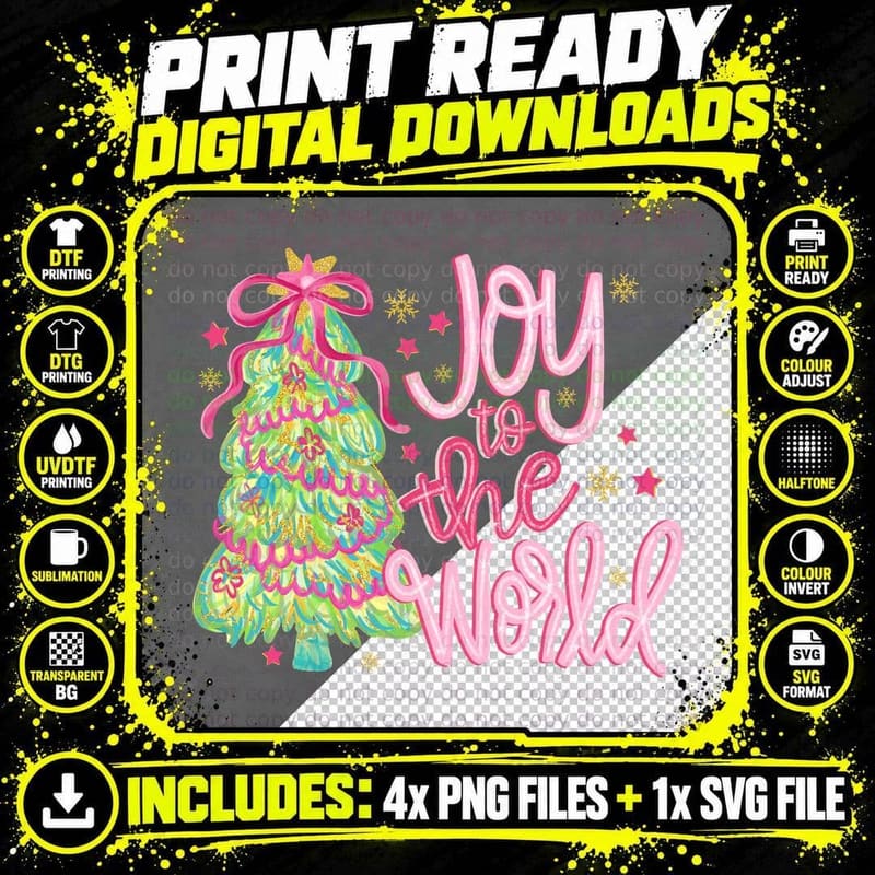Joy to the World Christmas Tree Lilly Pulitzer Style Png SVG Digital Bundle