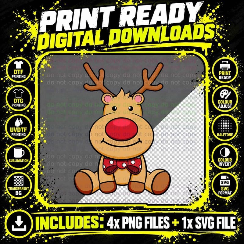 Kids Christmas Red-Nosed Reindeer Cute Christmas Png SVG Digital Bundle