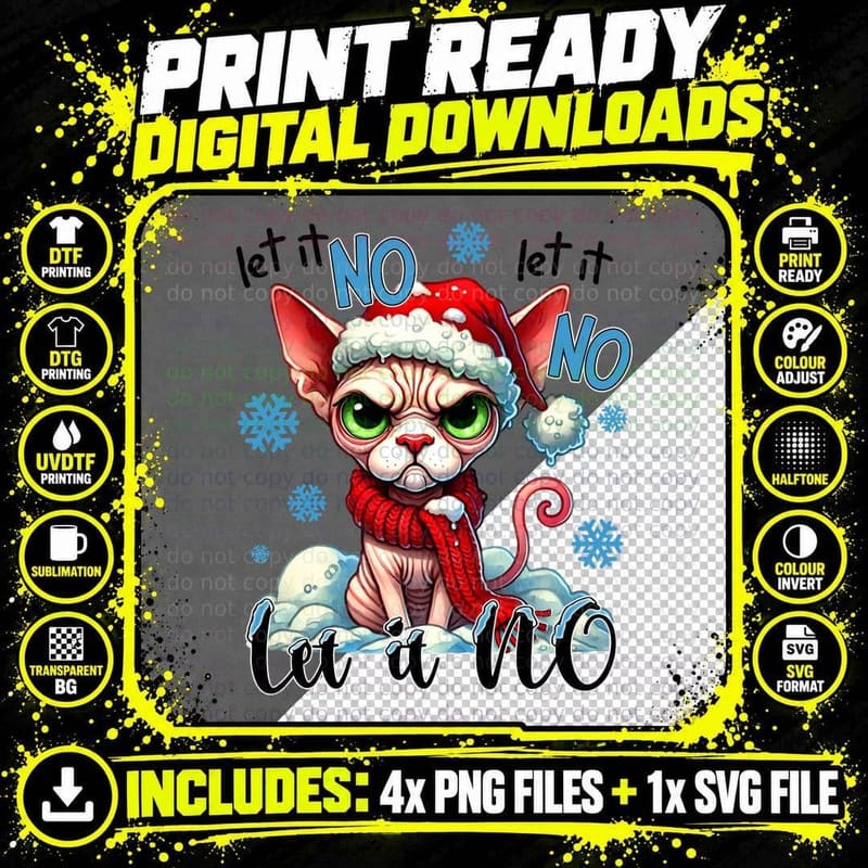 Let It NO Sphynx Cat in Santa Hat Funny Christmas Png SVG Digital Bundle
