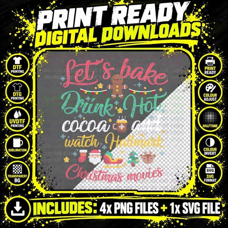 Let's Bake Drink Hot Cocoa and Watch Hallmark Christmas Png SVG Digital Bundle