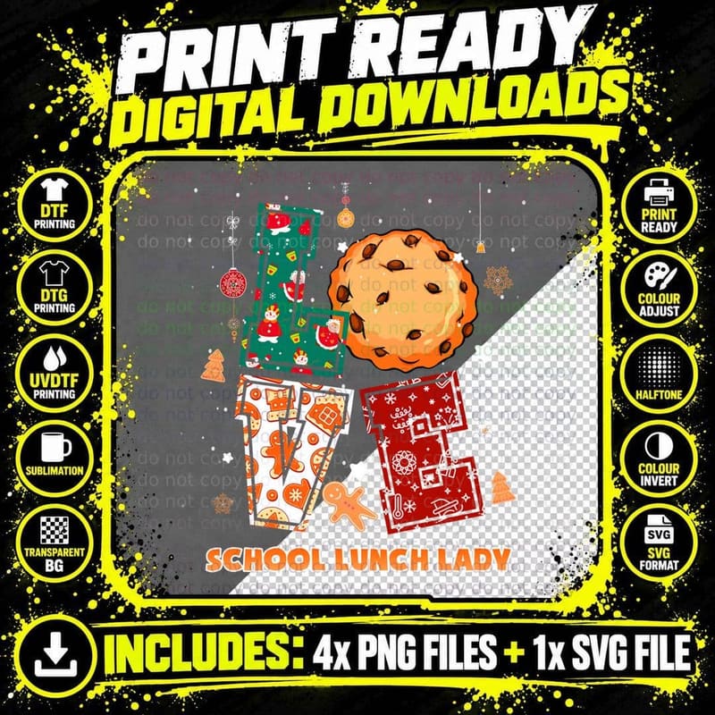 Love School Lunch Lady Teacher Christmas Costume Cookie Png SVG Digital Bundle