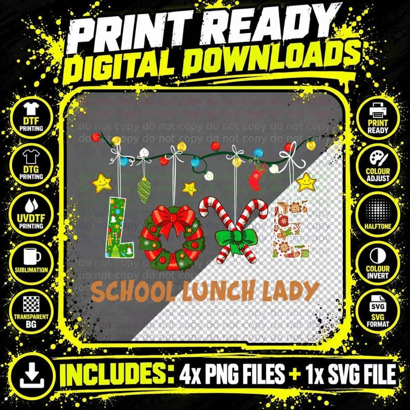 Love School Lunch Lady Teacher Christmas Light Gift Png SVG Digital Bundle