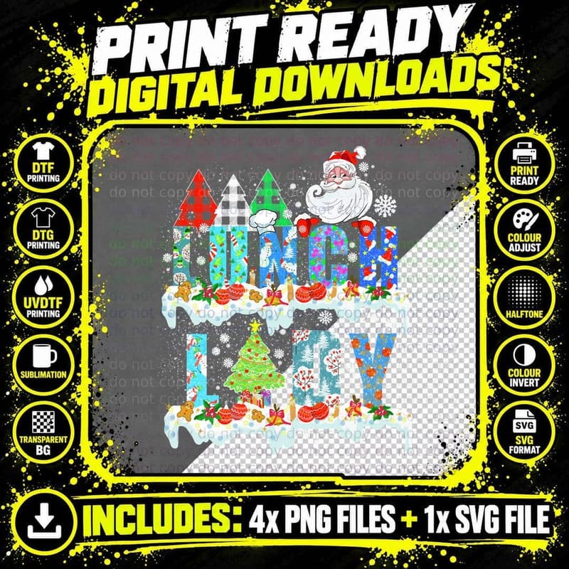 Lunch Lady Christmas Tree Santa Matching Xmas Lunch Png SVG Digital Bundle