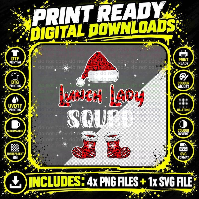 Lunch Lady Squad Leopard Santa's Hat Christmas Lunch Png SVG Digital Bundle