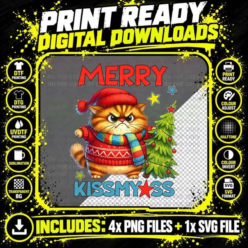 MERRY Kissmyass Grumpy Cat Ugly Christmas Sweater Funny Png SVG Digital Bundle