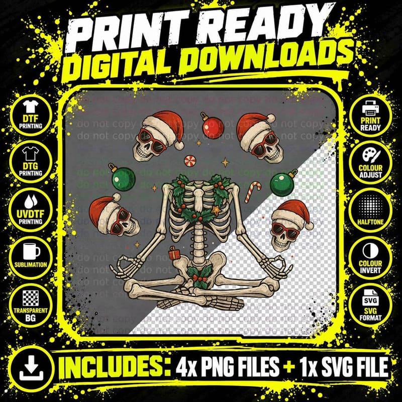 Meditating Skeleton Christmas Funny Yoga Santa Skulls Png SVG Digital Bundle