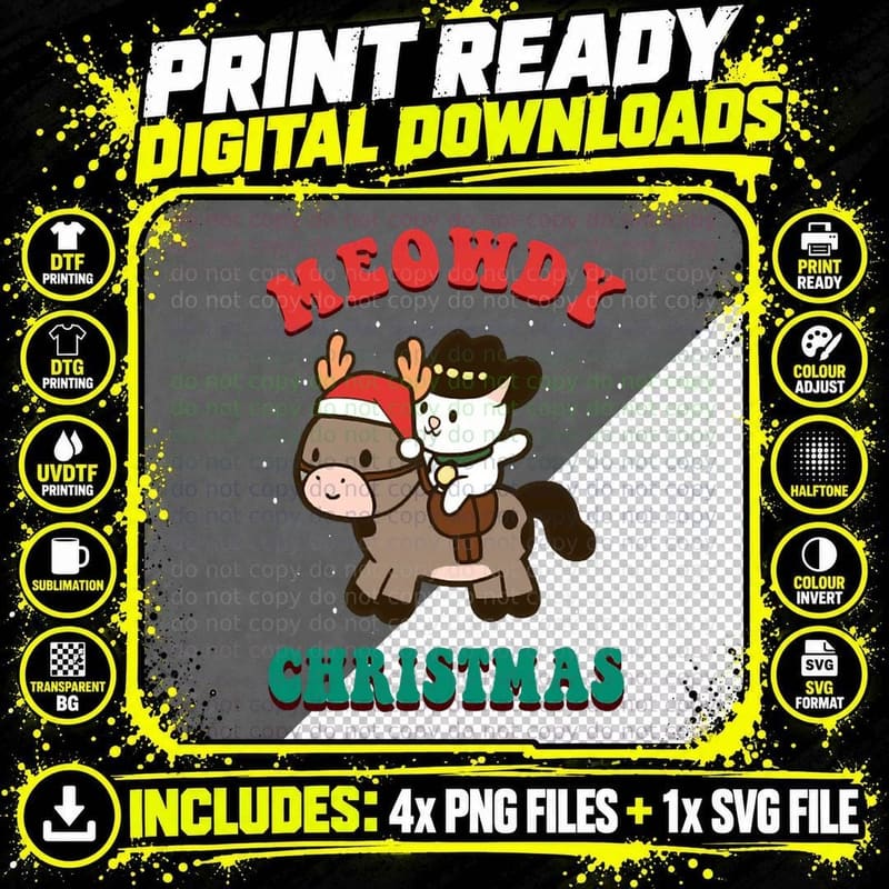 Meowdy Christmas Cute Cowboy Cat Riding a Reindeer Horse Png SVG Digital Bundle