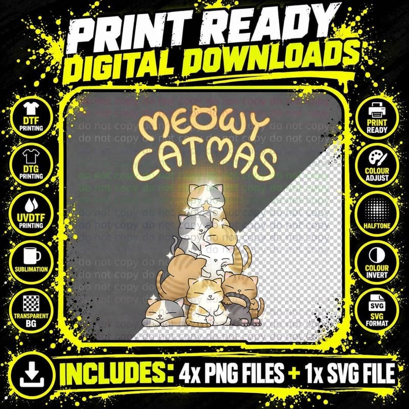 Meowy Catmas Cat Christmas Tree T-Shirt Png SVG Digital Bundle