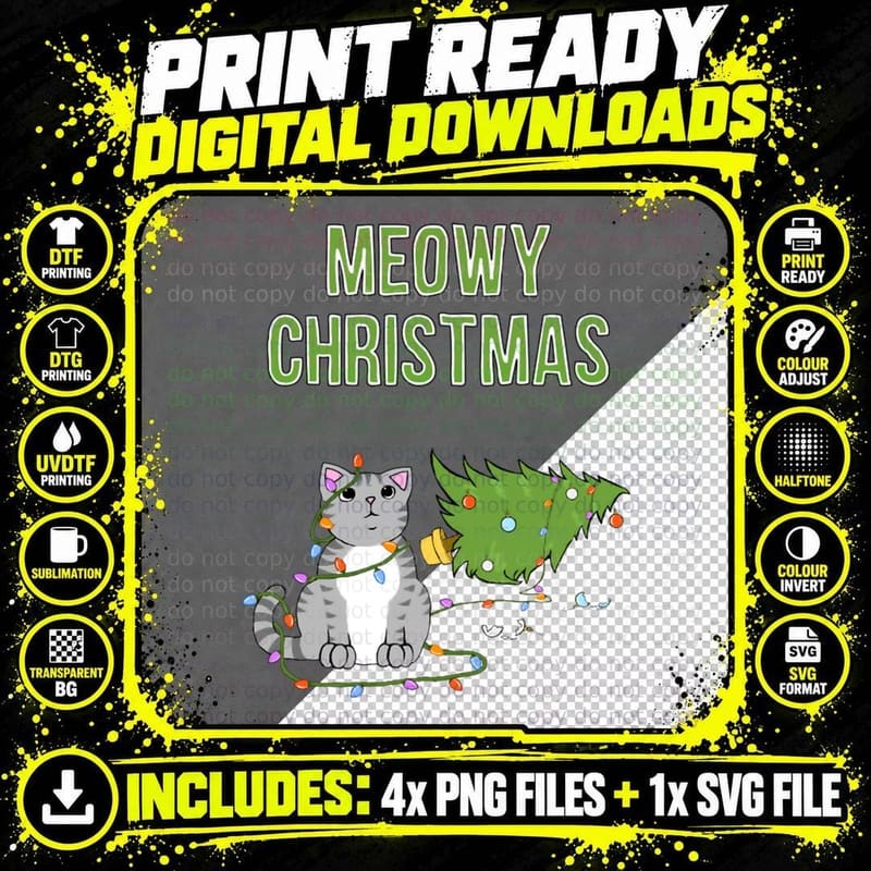 Meowy Christmas Gray Tabby Cat Knocked Over Xmas Tree Png SVG Digital Bundle