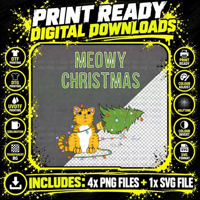 Meowy Christmas Tabby Cat Knocked Over Xmas Tree Png SVG Digital Bundle