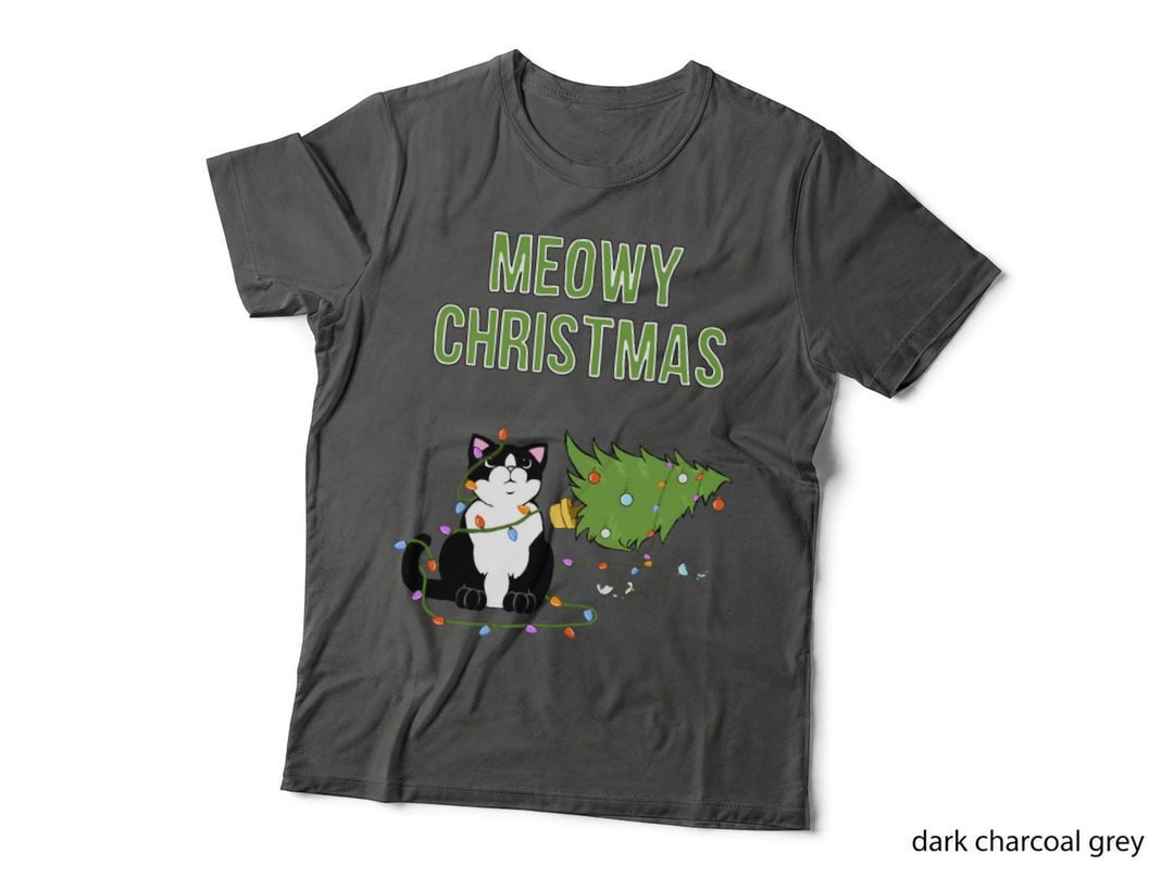 Meowy Christmas Tuxedo Cat Knocked Over Tree Crewneck Sweatshirt T-Shirt