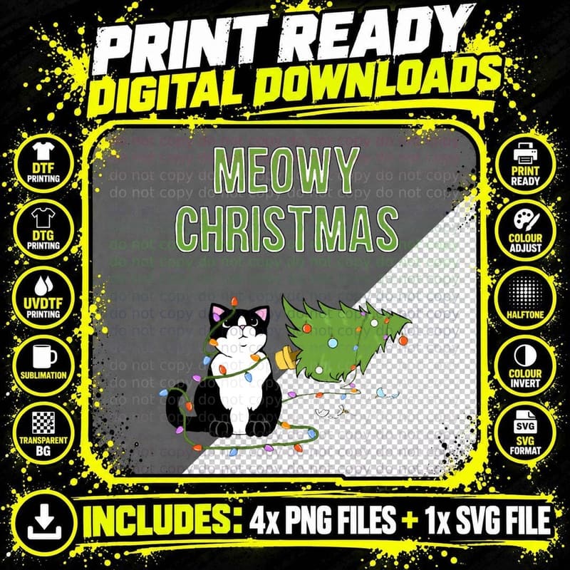 Meowy Christmas Tuxedo Cat Knocked Over Tree Crewneck Png SVG Digital Bundle