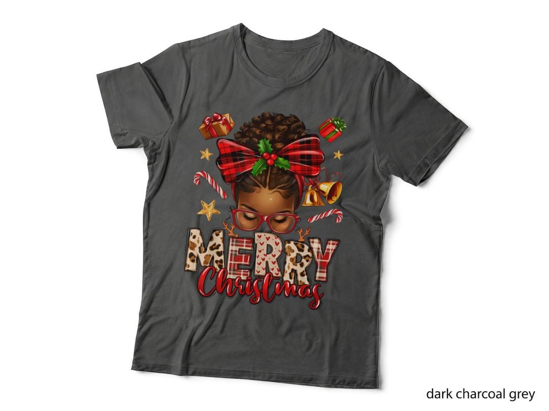 Merry Christmas Black Girl Red Plaid Leopard Print Holiday Gift T-Shirt