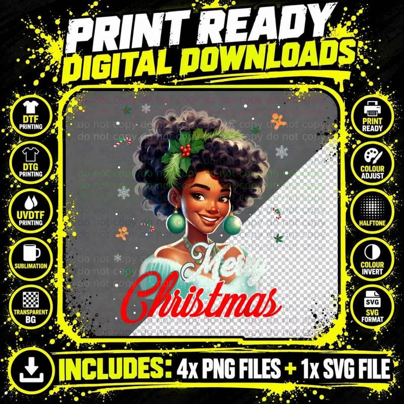 Merry Christmas Black Woman Holly Afro Ornament Earrings Png SVG Digital Bundle
