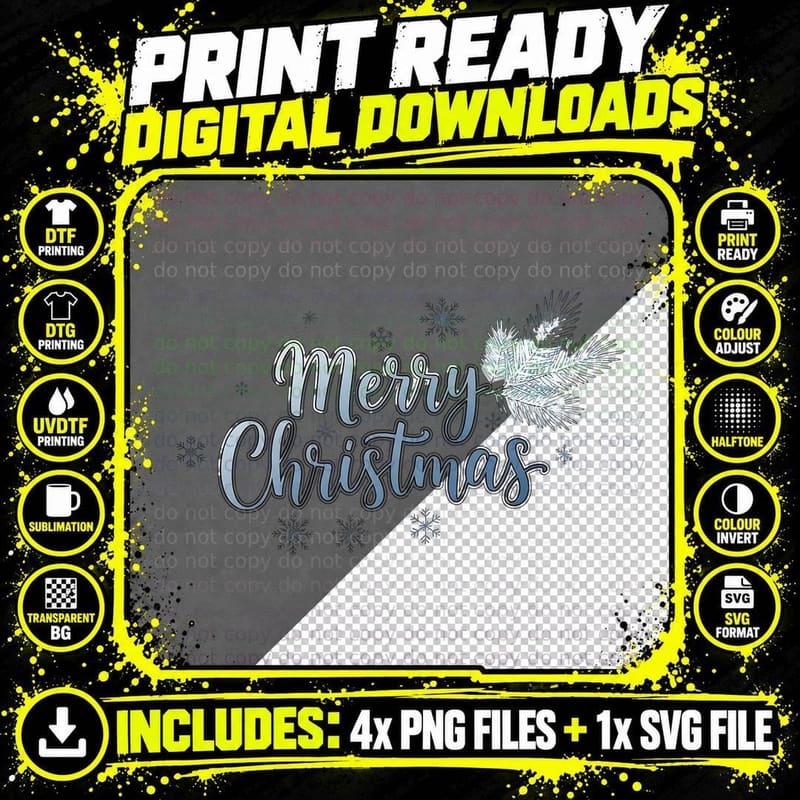 Merry Christmas Blue Script with Snowy Pine Branch Png SVG Digital Bundle